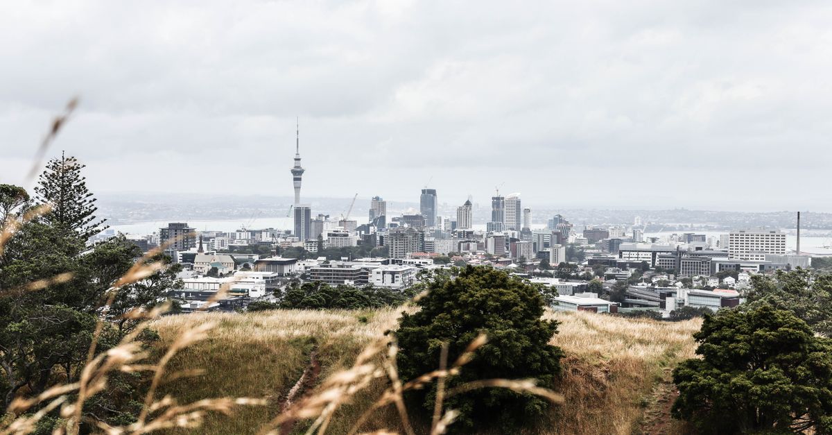 Distant view of Auckland's skyline from Mount Eden with sky tower under cloudy skies.